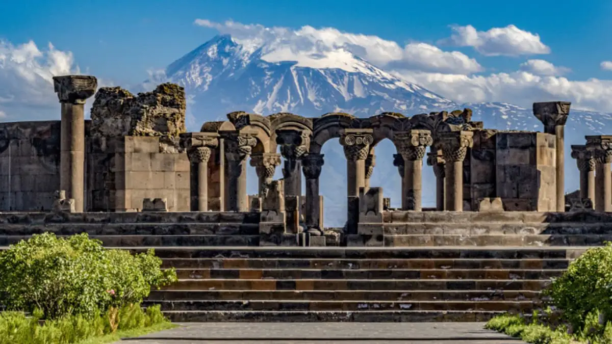 Ancient Armenian Temple with mountain view background