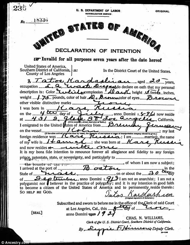 Tatos Kardashian United States Naturalization Document