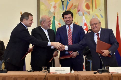 From left to right: Chief executive of Russia’s power distribution grids company, Rosseti, Oleg Budargin; Iran’s Energy Minister Hamid Chitchian; Georgia’s Energy Minister Kakha Kaladze, and Armenia’s Energy Minister Yervand Zakharyan seen after signing of memorandum in Yerevan on December 23, 2015. Photo: Armenian Energy Ministry