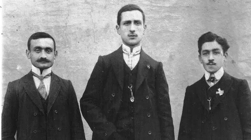 Dawn Anahid MacKeen's grandfather, Stepan Miskjian (left), is pictured with friends around 1910, just a few years before the Aremenian genocide.