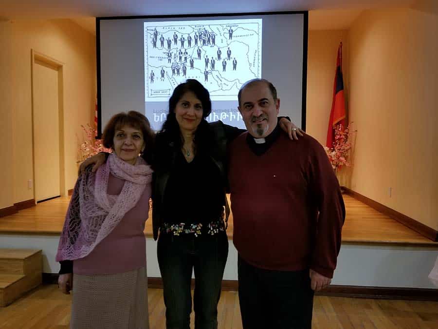 Arevig Caprielian, Lucine Kasbarian, Rev. Lakissian (Credit: Armen Morian)