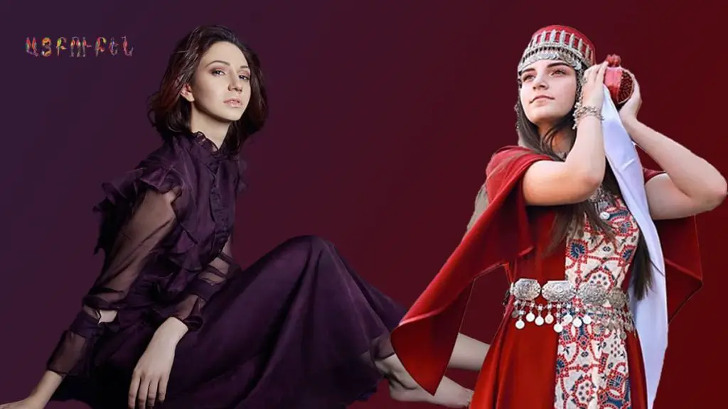 Girl on left wearing modern clothing while girl on the right wearing Taraz Armenian Traditional dress