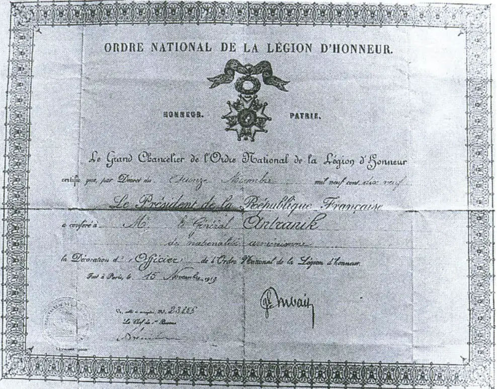 Nation Order of the Legion of Honour of France to General Antranik in 1920

