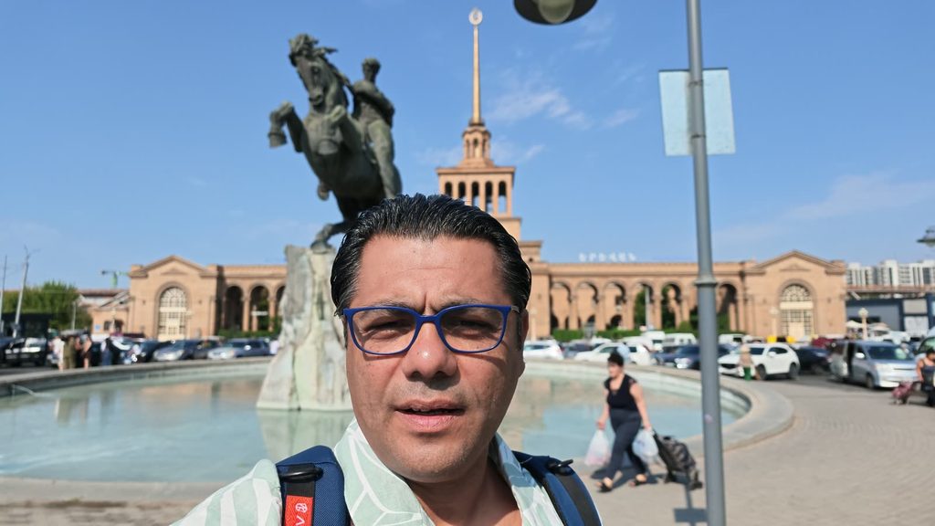 The equestrian statue of David of Sasun in front of Yerevan railway station, early morning.