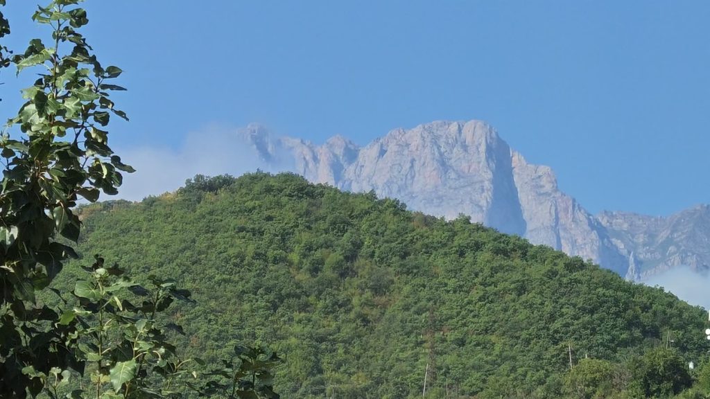 Pale grey rock peaks with a wisp of cloud, rising behind a forested green hill under a blue sky, with poplar leaves at the left edge.