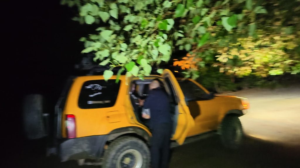 A yellow four-by-four with its doors open at night on a forest road, a man in dark clothes beside it, lit by headlights under overhanging leaves.