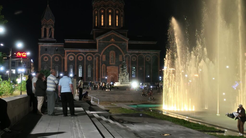 The fountains behind the church.