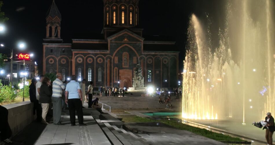 The fountains behind the church.