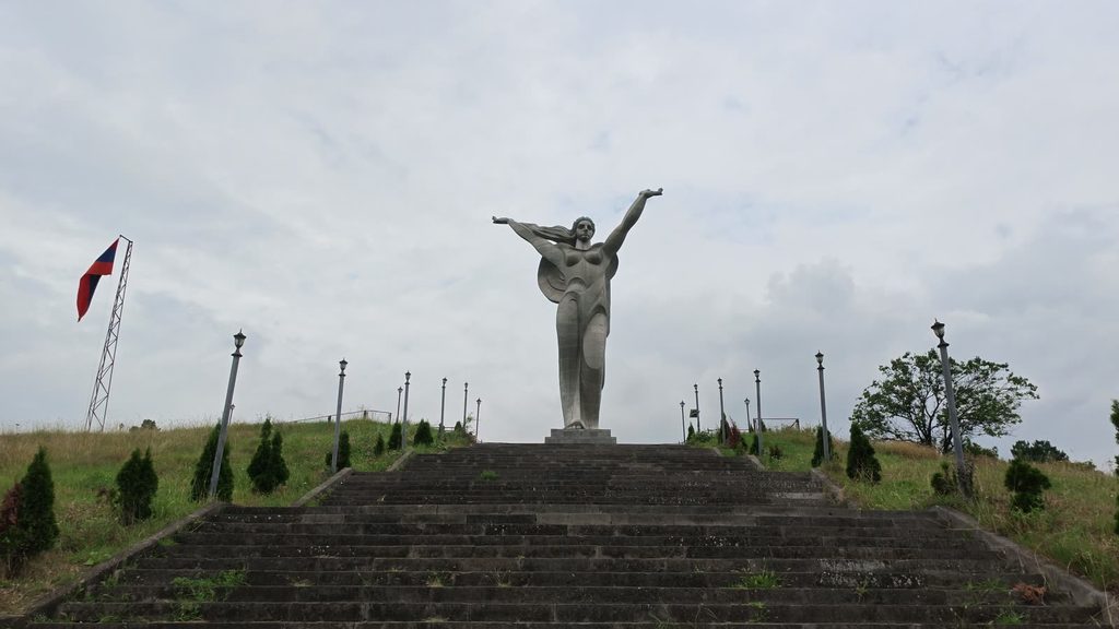 The Mother Armenia monument above Ijevan, seen from the foot of its staircase.