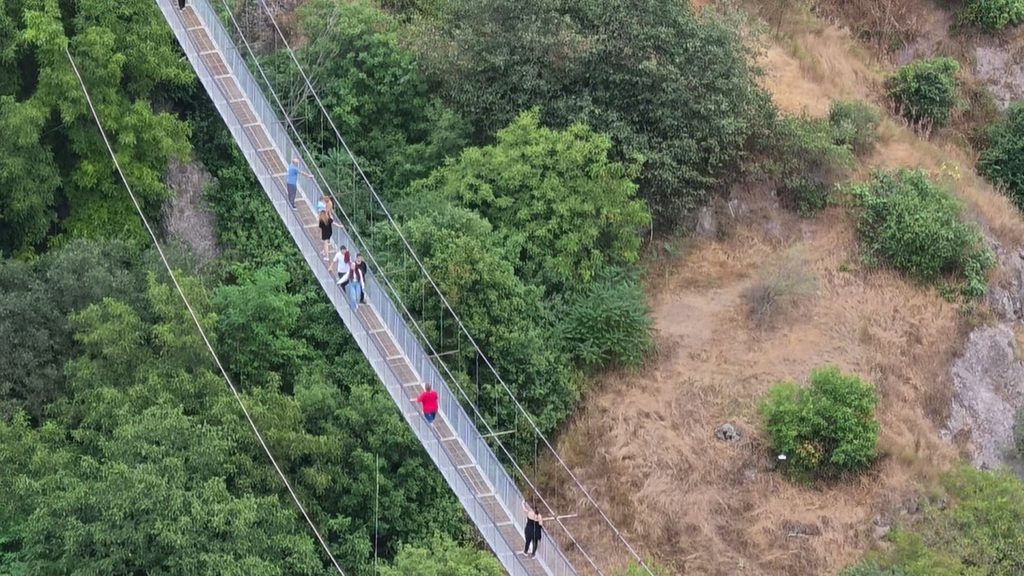 A narrow metal suspension bridge seen from above, crossing a wooded gorge as about ten people walk along it, one of them in a red top.
