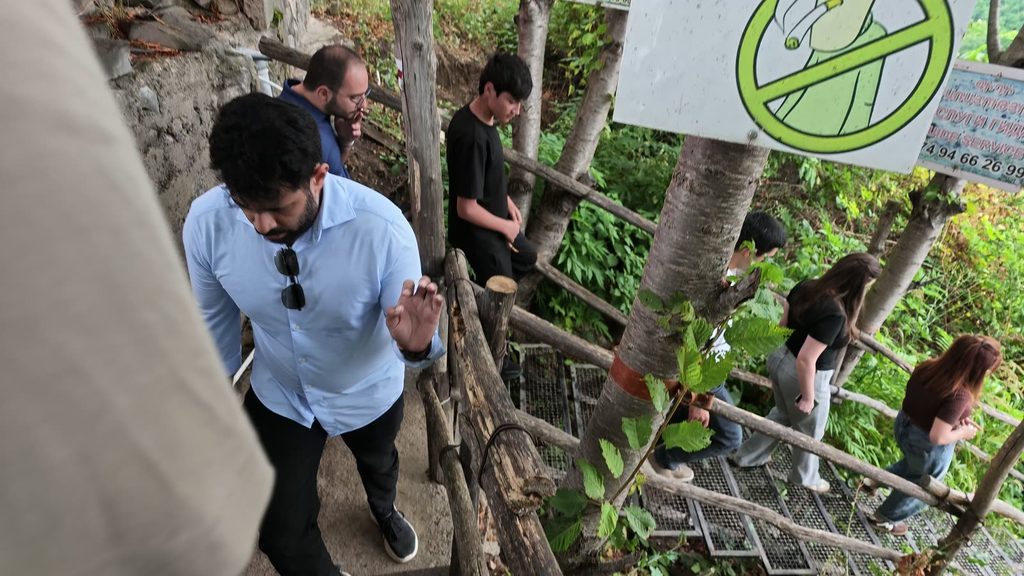 A group of visitors walking down a steep wooded path with log railings and metal grate steps, past a green no-smoking sign nailed to a tree.
