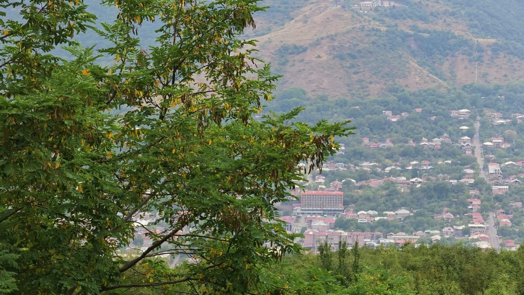A valley town of red-roofed houses and a large rectangular hotel block, seen from a wooded height through the branches of a tree, with a dry mountainside behind.