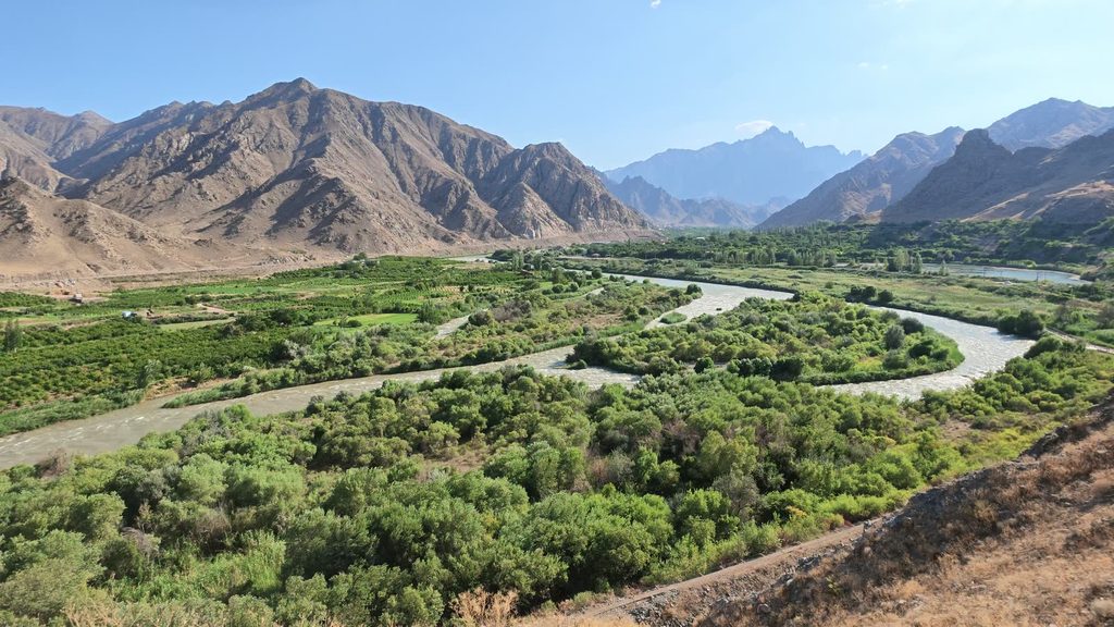 The Araks winding in wide loops through green fields and trees, below bare brown mountains on the far side.